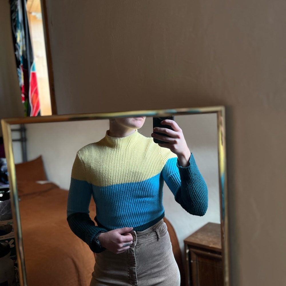 Miss Shop Yellow and Blue Colorblock Turtleneck Sweater